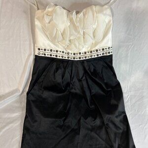 As U Wish Black and White Satin Beaded Ruffle Mini Dress Sz 1 Formal Party Dress